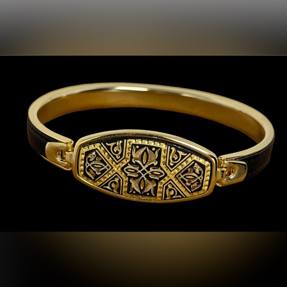 🛍️SALE🛍️ Anframa® Damascene Gold & Leather Geometric Design Skinny Bangle - Picture 2 of 10